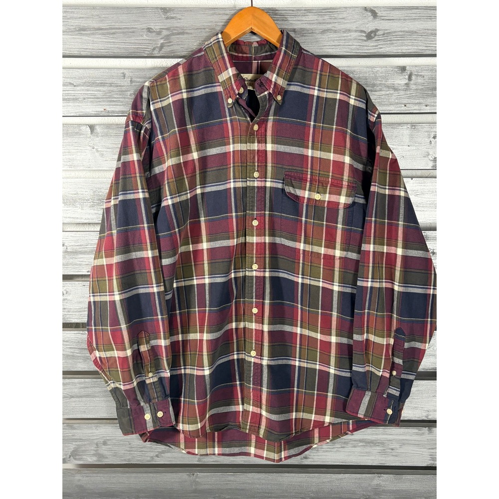 Vintage y2k Eddie Bauer Men L Plaid Flannel Button Down Shirt Long Sleeve Cotton